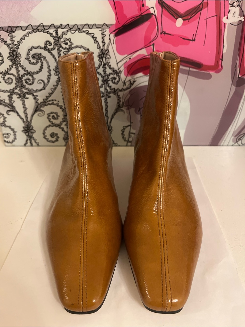 About Arianne Camel Patent Leather Ankle Boots Kitten Heel Size 37 NWOB